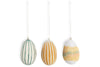 The nkuku Terra Hand Painted Recycled Cotton Paper Hanging Egg set includes three eggs in teal, cream, and ochre—each with unique, hand-painted designs—perfect for charming and eco-friendly spring or Easter decorating.