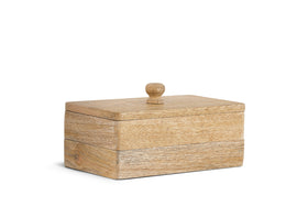 The Chanya Mango Wood Jewellery Box - Natural by nkuku is expertly crafted from sustainable mango wood, featuring a fitted lid with a small round handle, natural grain texture, and light brown color.