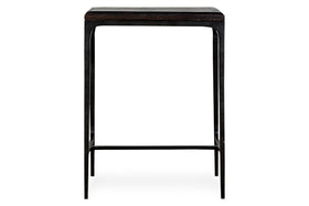 The nkuku Sita Reclaimed Wood & Iron Side Table in chocolate brown features a square reclaimed wood top and slim black iron legs with horizontal supports, offering a minimalist and modern accent for any space.