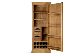 The nkuku Vivan Grooved Pantry Cupboard in Natural features a tall wooden design with an open door revealing shelves, two small drawers, cubby holes, a wine rack, and door-mounted storage. The natural finish highlights the wood grain.