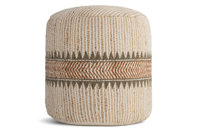 The Zairya Jute & Cotton Tall Pouf by nkuku features a textured beige knit with a central zigzag band in earthy rust and olive on white, combining jute and cotton for natural style and decorative contrast.
