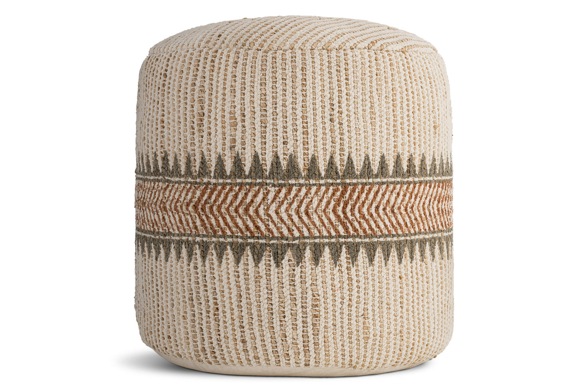 The Zairya Jute & Cotton Tall Pouf by nkuku features a textured beige knit with a central zigzag band in earthy rust and olive on white, combining jute and cotton for natural style and decorative contrast.