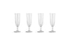 The Pani Champagne Flute - Clear (Set of 4) by nkuku features recycled glass flutes with tall, narrow bowls, slender stems, and round bases, beautifully arranged in a straight line against a plain white background.