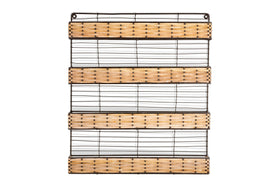 The nkuku Montali Iron & Rattan Spice Rack - Natural features four wall-mounted wire shelves with handwoven rattan panels and a black metal frame, perfect for stylish kitchen storage. Shown against a white background.