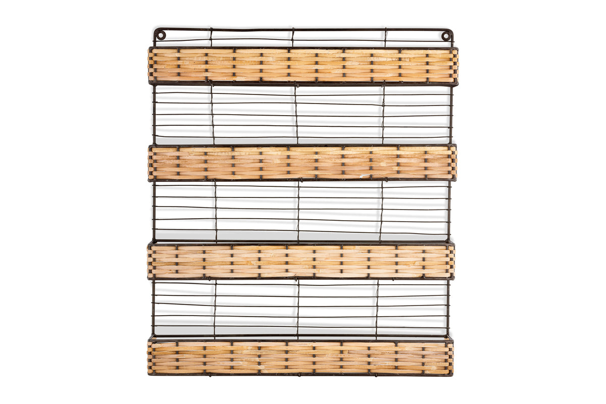 The nkuku Montali Iron & Rattan Spice Rack - Natural features four wall-mounted wire shelves with handwoven rattan panels and a black metal frame, perfect for stylish kitchen storage. Shown against a white background.