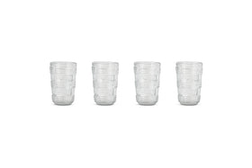The nkuku Kaanch Highball set includes four identical clear glasses with a textured geometric pattern, shown side by side on a white background.