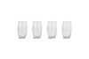The nkuku Otuba Highball - Clear - (Set of 4) features tall glasses with a vertical ribbed texture, arranged side by side on a plain white background with subtle gray shadows beneath them.