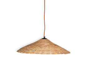 The Sangu Rattan Pendant by nkuku features a natural, conical wicker shade with an open weave and textured finish, suspended from a slim orange cord against a white backdrop.