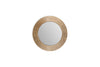 The Putali Etched Mirror by nkuku features a wide, textured antique brass frame with fine radiating lines. Its round design and decorative details make it a striking centerpiece on any plain white wall.
