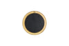 The Putali Etched Mirror - Antique Brass by nkuku is a sculptural wall mirror with a wide gold-toned rim adorned with subtle engravings, a rectangular top detail, and a solid black center, shown from above on a white background.