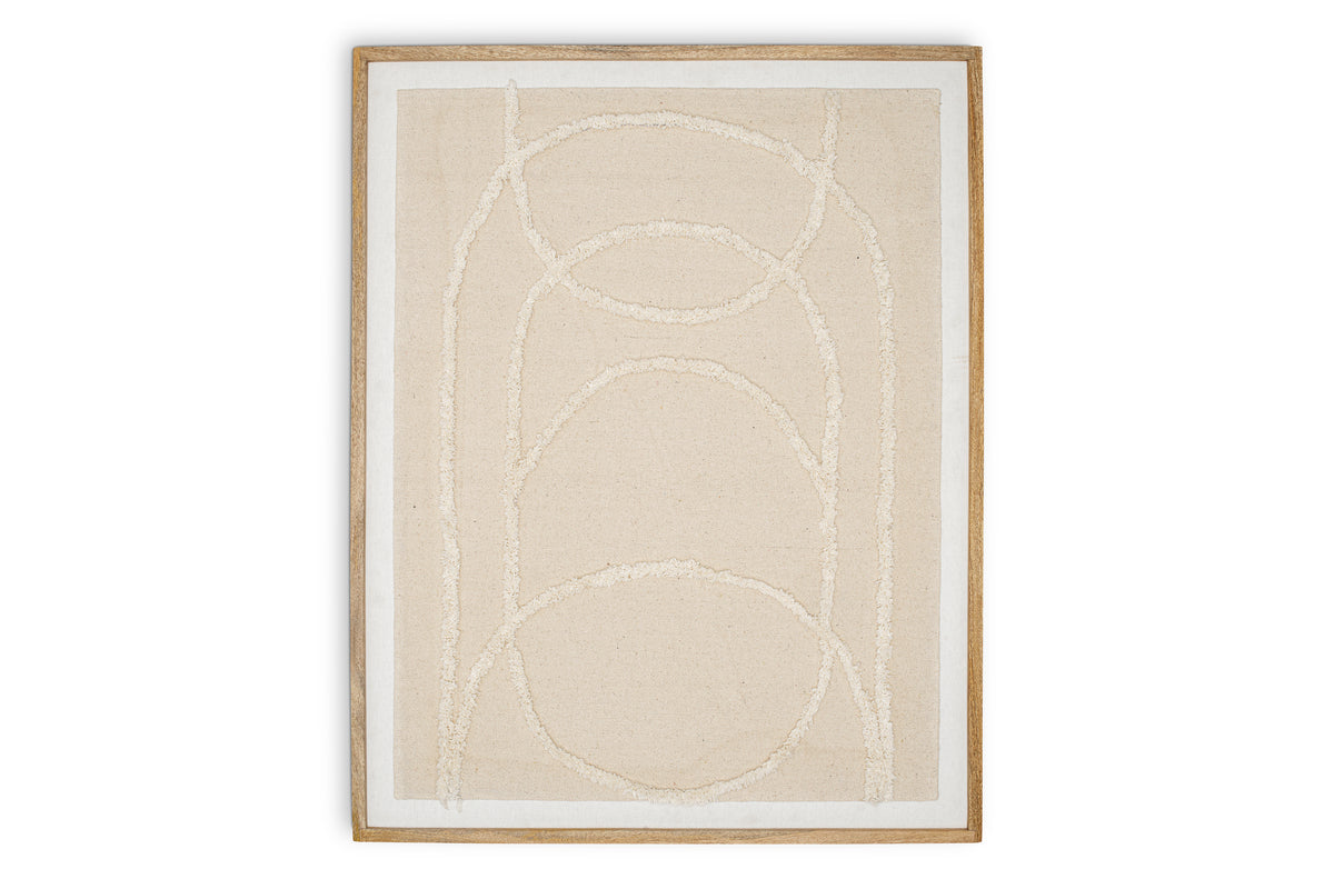 The Mauri Frayed Wall Art - Neutral by nkuku features a minimalist, abstract design with three raised cream arches on canvas, a textured beige background, wooden frame, and thin white border.