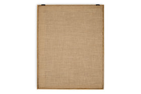 The Mauri Frayed Wall Art - Neutral by nkuku is shown from the back: a rectangular, vertically oriented canvas of coarse beige fabric tightly stretched on a wooden frame with two black hanging hardware pieces at the top. Background is white.