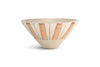 The nkuku Patthar Serving Bowl - Cream & Clay - Medium is a cream-colored, cone-shaped ceramic bowl with hand-painted vertical clay stripes and dotted lines, evenly spaced around its exterior. Styled against a plain white background.