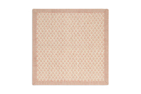 Inspired by Indian textiles, the nkuku Peplu Block Print Napkin Set in Terracotta features a beige background with a repeating red floral pattern and striped border, bringing traditional charm to your table. Set of 4.