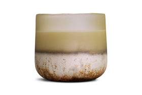 The nkuku Oakmoss & Rose 3 Wick Scented Candle in Yellow comes in a ceramic cup with a rounded base, creamy beige top, off-white and brown speckled earth-toned bottom, and a matte surface—perfect for any space.