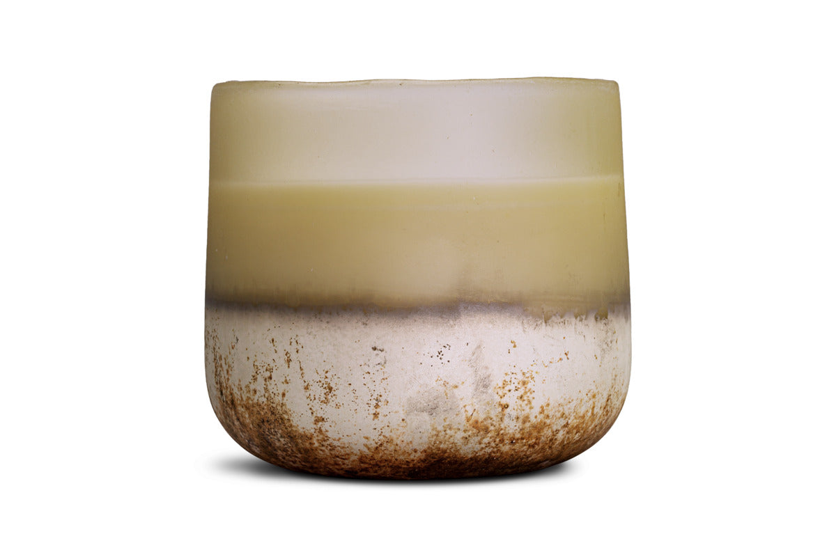 The nkuku Oakmoss & Rose 3 Wick Scented Candle in Yellow comes in a ceramic cup with a rounded base, creamy beige top, off-white and brown speckled earth-toned bottom, and a matte surface—perfect for any space.