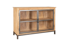 The Nirvi Mango Wood & Iron Sideboard - Black by nkuku features two glass doors, two interior shelves, a natural mango wood finish, a sturdy black metal frame, and four robust metal legs for an industrial look.