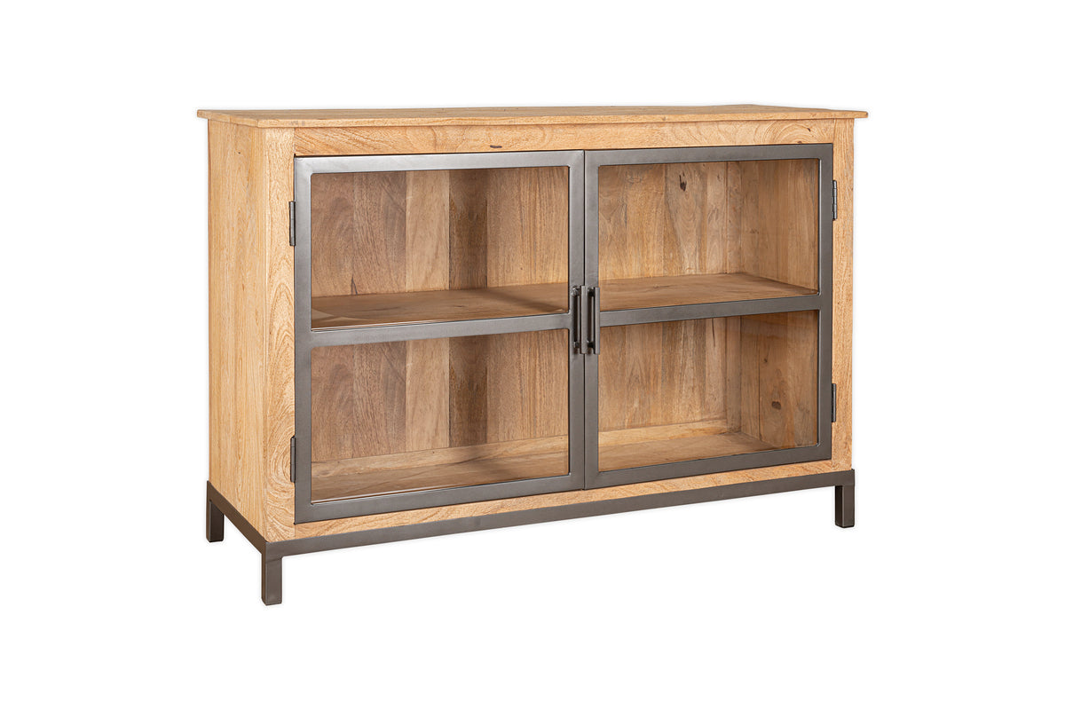 The Nirvi Mango Wood & Iron Sideboard - Black by nkuku features two glass doors, two interior shelves, a natural mango wood finish, a sturdy black metal frame, and four robust metal legs for an industrial look.