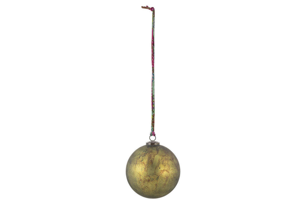 The nkuku Oko Giant Bauble in matt green features a metallic, subtly mottled finish and hangs from a colorful patterned string—an elegant accent for your festive décor against any plain white background.