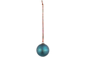 The nkuku Oko Giant Bauble - Matt Teal features a weathered blue-green finish and hangs from a thin red string against a white backdrop, offering a simple, centered look that’s ideal for festive displays or unique Christmas decorations.