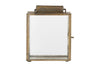 The nkuku Obi Mini Table Lantern in antique brass features a rectangular metal and glass design with a top handle, hinged glass door, and rustic finish—ideal for adding candlelight charm to any space. Shown against a white background.