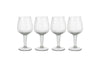 The Otuba Wine Glass - Clear (Set of 4) from nkuku features four recycled glass wine glasses with vertical ribbing, displayed in a row against a white background.