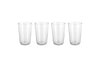 The nkuku Pani Highball - Clear (Set of 4) features four elegant glass tumblers, ideal for everyday dining, displayed in a row on a plain white background to highlight their simple, refined design.
