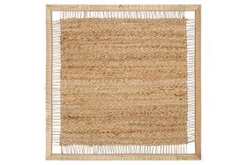 The Pemali Woven Jute Wall Art by nkuku features a rectangular natural jute mat with a rough, tan texture and uneven edges, tightly framed in light mango wood for a handloom-inspired, rustic look with visible string attachments.