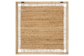 The Pemali Woven Jute Wall Art - Natural by nkuku features a rectangular jute mat in tan and brown, tightly framed in light mango wood. Visible threads and uneven edges give this handloom-inspired piece a rustic, handcrafted feel.