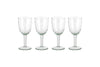 The nkuku Pani Wine Glass - Clear (Set of 4) features four durable glasses in a row on a plain white background, ideal for everyday dining.