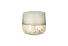 A small, round nkuku glass tumbler with a frosted upper half and gold-speckled lower half, against a white background—ideal for holding the Cardamom & Amber 1 Wick Scented Candle.