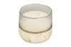 The Cardamom & Amber 3 Wick Scented Candle by nkuku features a translucent, textured white glass holder with frosted and gold-speckled accents, three wicks, and a warm aromatic fragrance.