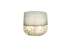 The nkuku Sea Salt & Moss 1 Wick Scented Candle comes in a frosted glass tumbler with a matte, gradient white and beige finish, featuring a speckled gold and brown pattern on the lower half. The top is smooth and translucent. Plain white background.
