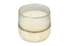 The nkuku Sea Salt & Moss 3 Wick Scented Candle comes in a round, semi-transparent glass holder with a frosted white-to-speckled gold and beige gradient and features a UK-inspired fragrance.