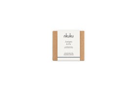 A small square box with a minimalist nkuku Juniper & Fir label in black on white holds the Juniper & Fir 1 Wick Scented Candle, offering elegant, sustainable reuse in its vessel.