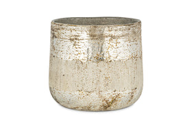 The nkuku Juniper & Fir 3 Wick Scented Candle comes in a metallic, cylindrical vessel with a textured, weathered silver finish—its wide opening and tapered shape make it both stylish and functional.