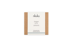 A square candle box with brown sides and a white nkuku Juniper & Fir 3 Wick Scented Candle label in black text on the front features a bespoke winter fragrance, displayed against a plain white background.