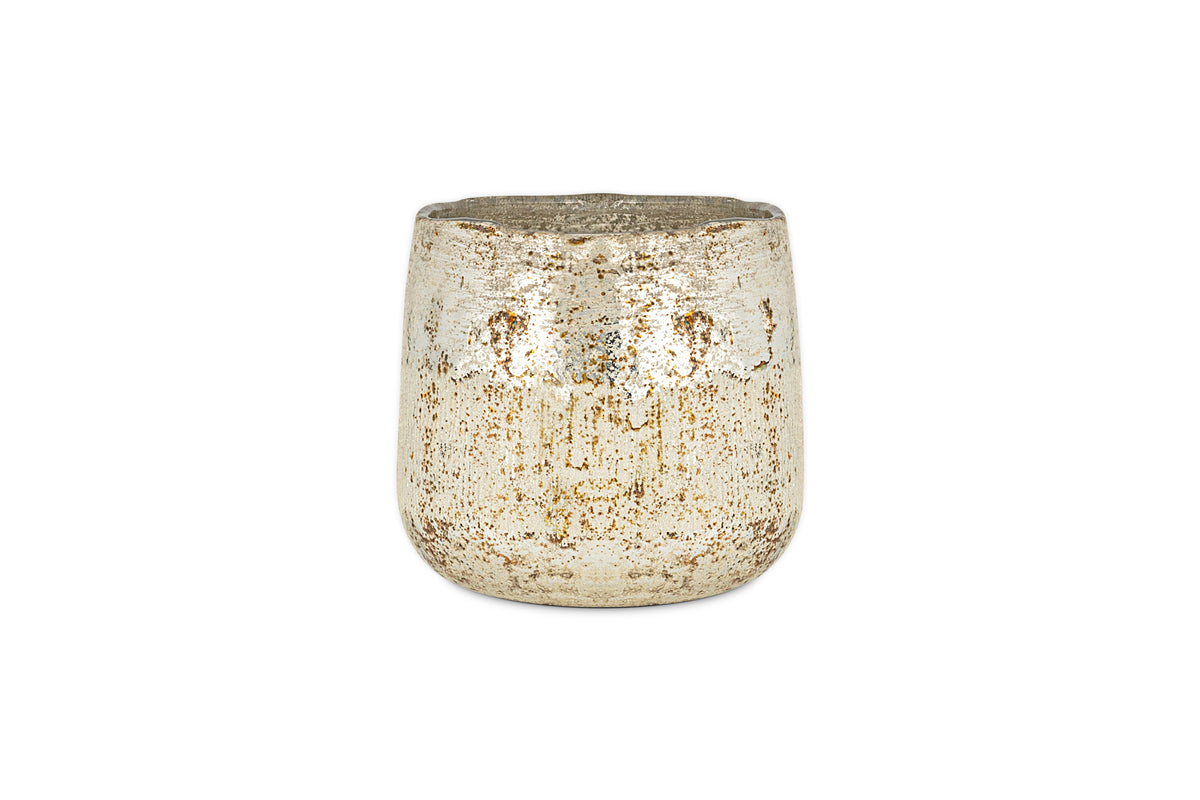 The nkuku Mandarin & Clove 1 Wick Scented Candle features a small, rounded metallic pot with a distressed silver and gold finish, filling your space with festive spiced mandarin fragrance. Shown on a plain white background.