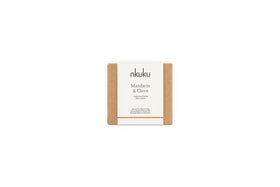 A square brown cardboard box with a white nkuku label holds the Mandarin & Clove 1 Wick Scented Candle, evoking a festive spiced mandarin fragrance, set against a plain white background.