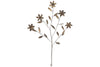 The nkuku Svara Stem Flower - Antique Brass features a symmetrical metal wall art design with five flower shapes and elongated leaves in an elegant antique brass finish, perfect for adding sophistication to any space.