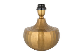 The Sakiti Cast Aluminium Table Lamp by nkuku features an antique brass, round, faceted base that tapers to a black and gold socket. Its modern, elegant design stands out beautifully against a plain white background.