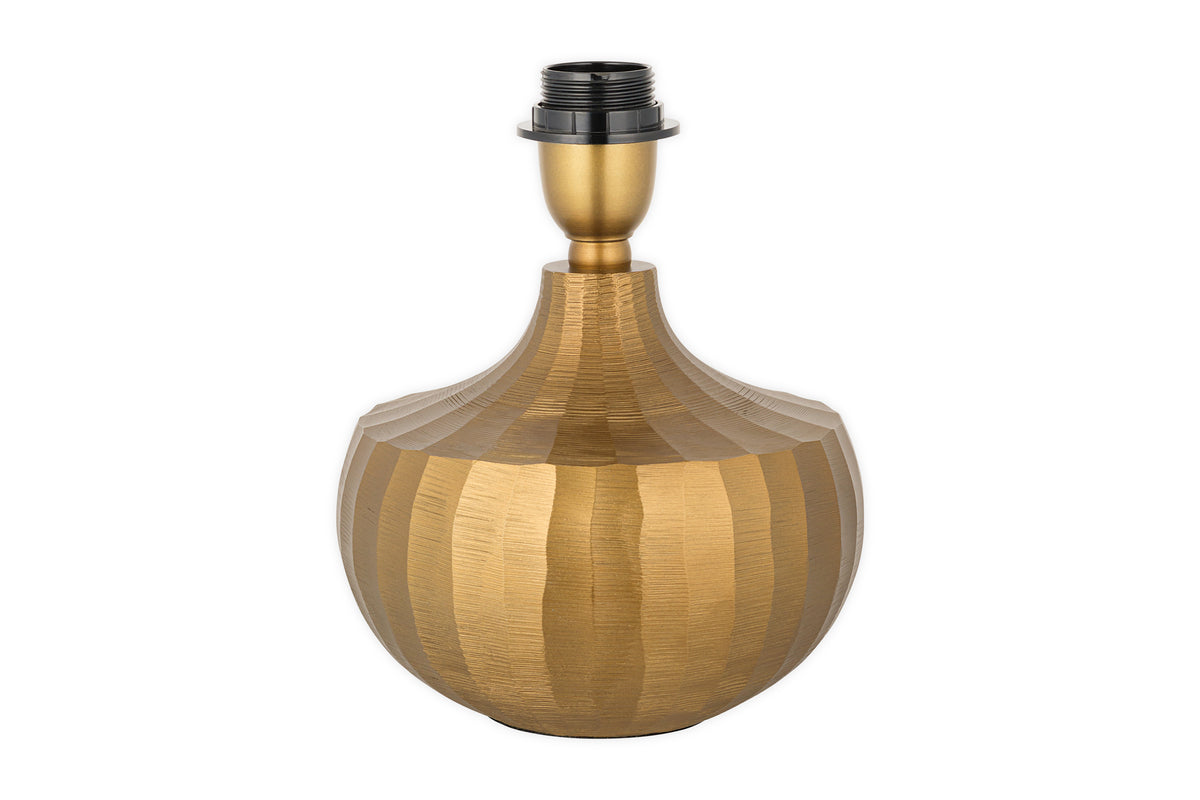 The Sakiti Cast Aluminium Table Lamp by nkuku features an antique brass, round, faceted base that tapers to a black and gold socket. Its modern, elegant design stands out beautifully against a plain white background.