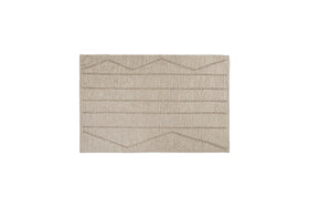 The Shanti Wool & Cotton Rug - Natural by nkuku is a square beige rug with subtle thin zigzag and horizontal brown patterns, set against a white background.