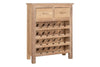 The nkuku Shanthi Reclaimed Wood Wine Rack - Natural features a rustic design with light wood, two upper drawers, and six rows for horizontal bottle storage, offering efficient and stylish organization for your wine collection.