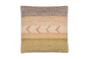 The Tuleeka Wool Cushion Cover - Ochre by nkuku features a textured woven design with horizontal stripes in beige, taupe, cream, olive green, and ochre, detailed patterns, and stylish chevron motifs.
