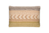 The Tuleeka Wool Cushion Cover - Ochre by nkuku features a square shape with a textured woven design, horizontal stripes in beige, tan, brown, and ochre, plus a central chevron pattern for a stylish decorative accent.