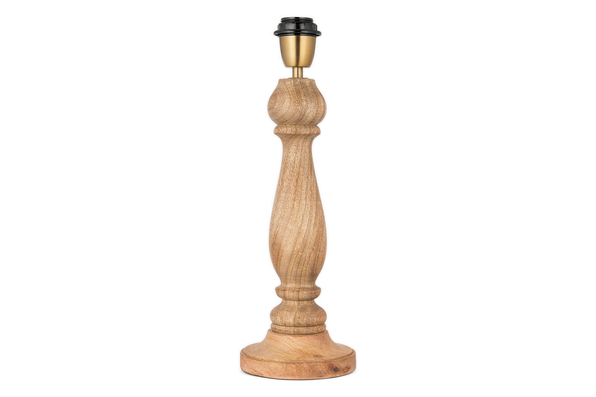 The nkuku Usha Classic Wooden Table Lamp - Natural features a turned mango wood base with a round, sturdy bottom and brass-toned socket—an eco-friendly choice, shown against a white background.