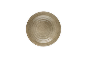 The nkuku Valinha Earthenware Serving Bowl in grey features a round shape, subtle concentric pattern, and reactive glaze, shown from above on a white background.