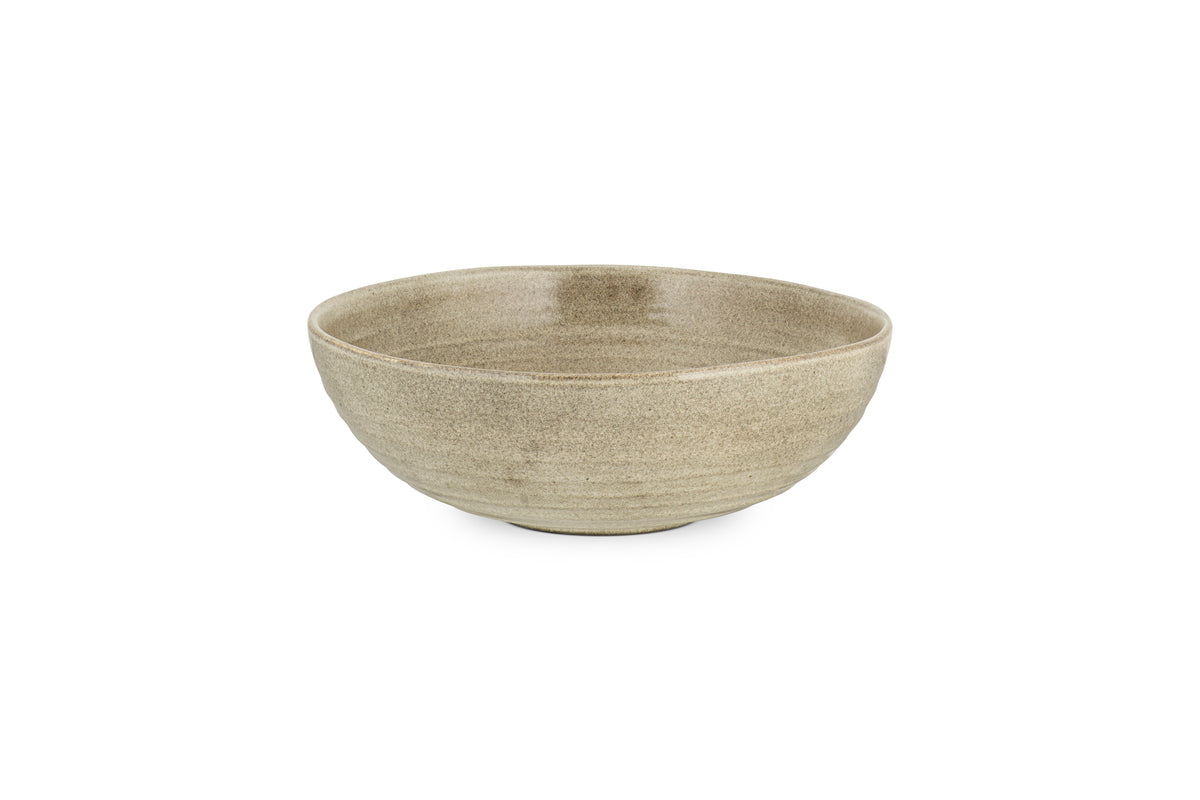 The Valinha Earthenware Serving Bowl by nkuku features a round, shallow design in grey with a speckled finish and subtle textured spiral detail, presented against a plain white background.