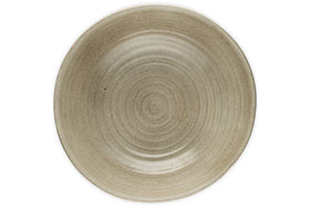 The nkuku Valinha Earthenware Footed Bowl in grey features a subtle ribbed texture and circular patterns, ideal for rustic tablescapes, shown from above on a white background.